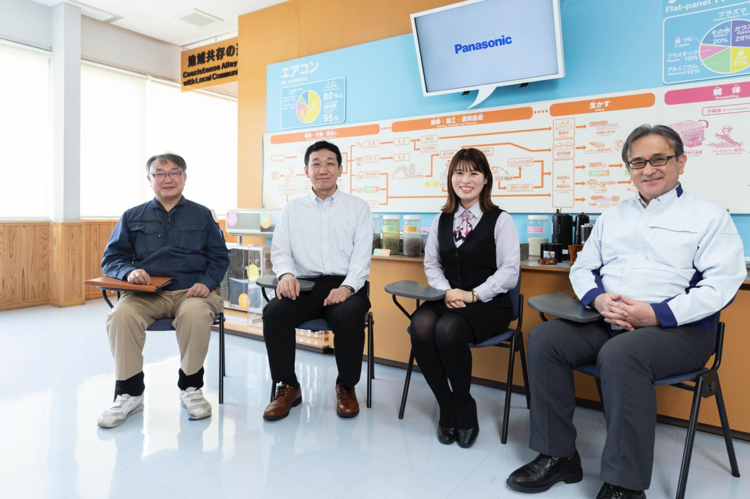 PETEC 総務部長 大坪 達弘氏、リサイクル事業統括部 小島 厳氏、PETEC 藤原みのり氏、加東樹脂循環工場 責任者 筒井 裕二氏 | Make New Magazine「未来の定番」をつくるために、パナソニックのリアルな姿を伝えるメディア